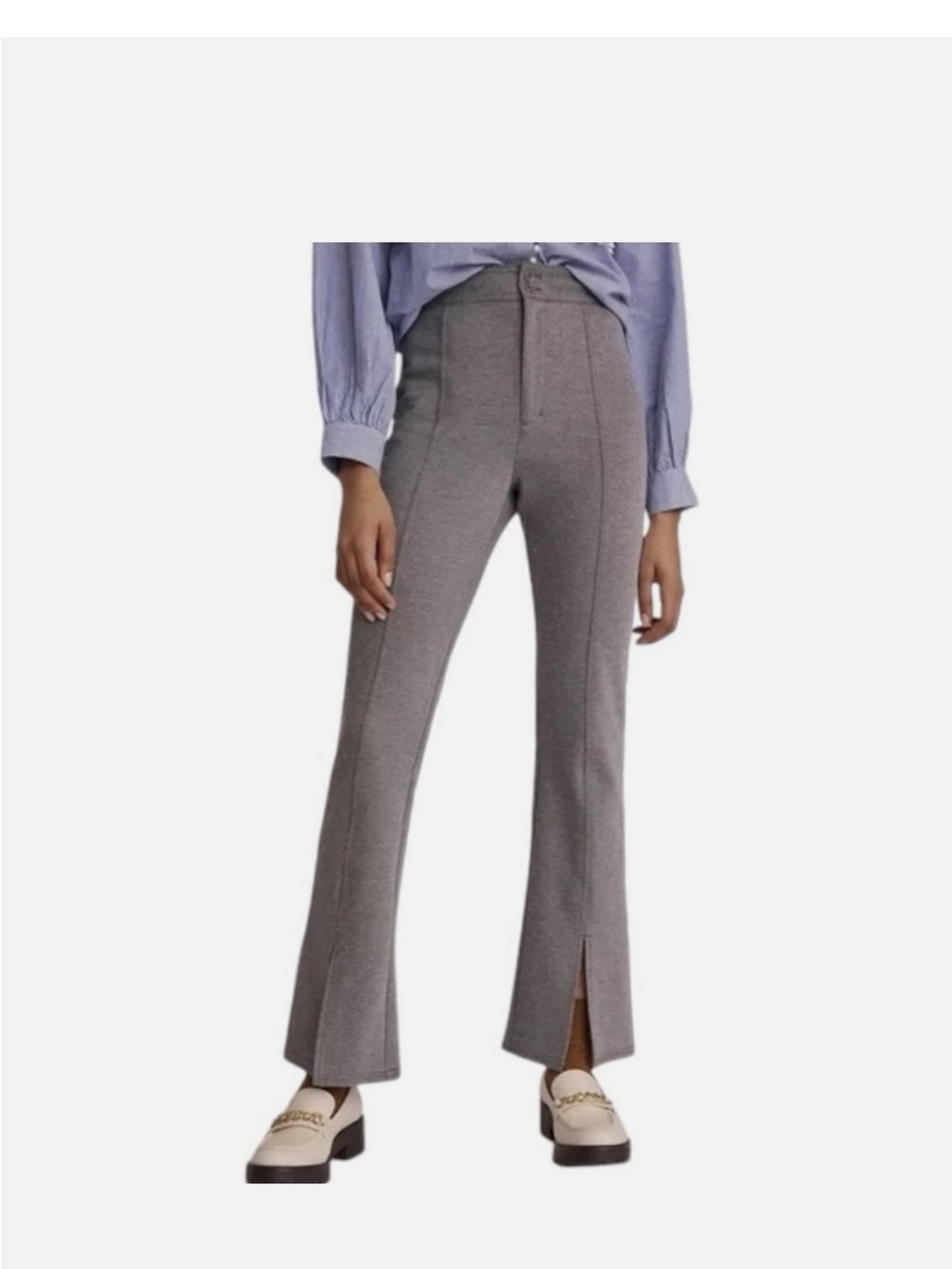 Maeve Gray High-Rise Front-Seam Flare Pants with Ankle Slit